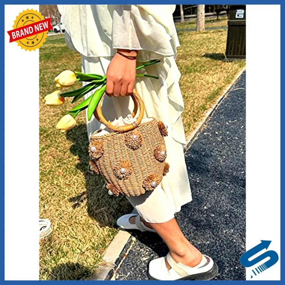 Straw Bucket Tote Bag Hand Woven Rattan Shell Pearl Flower Drawstring Purse